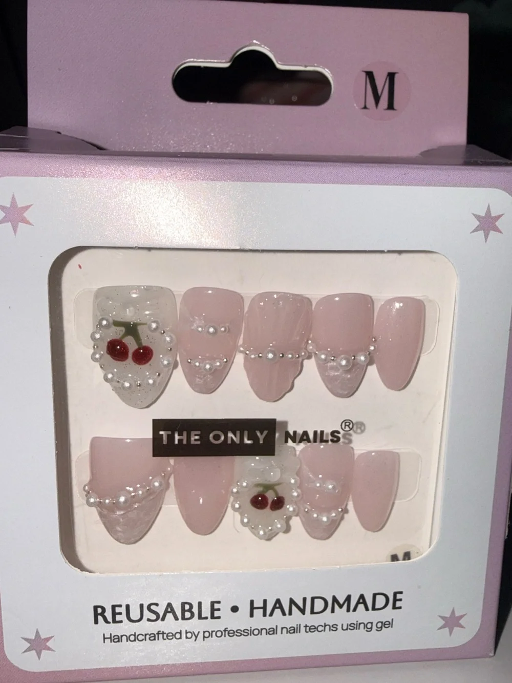 The Only Nails Pink Pearl & Cherry Design Reusable Handmade Press-On Nails